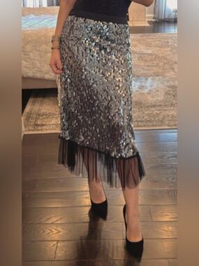 Sequin Midi Skirt with Tulle Hem - Black/Silver